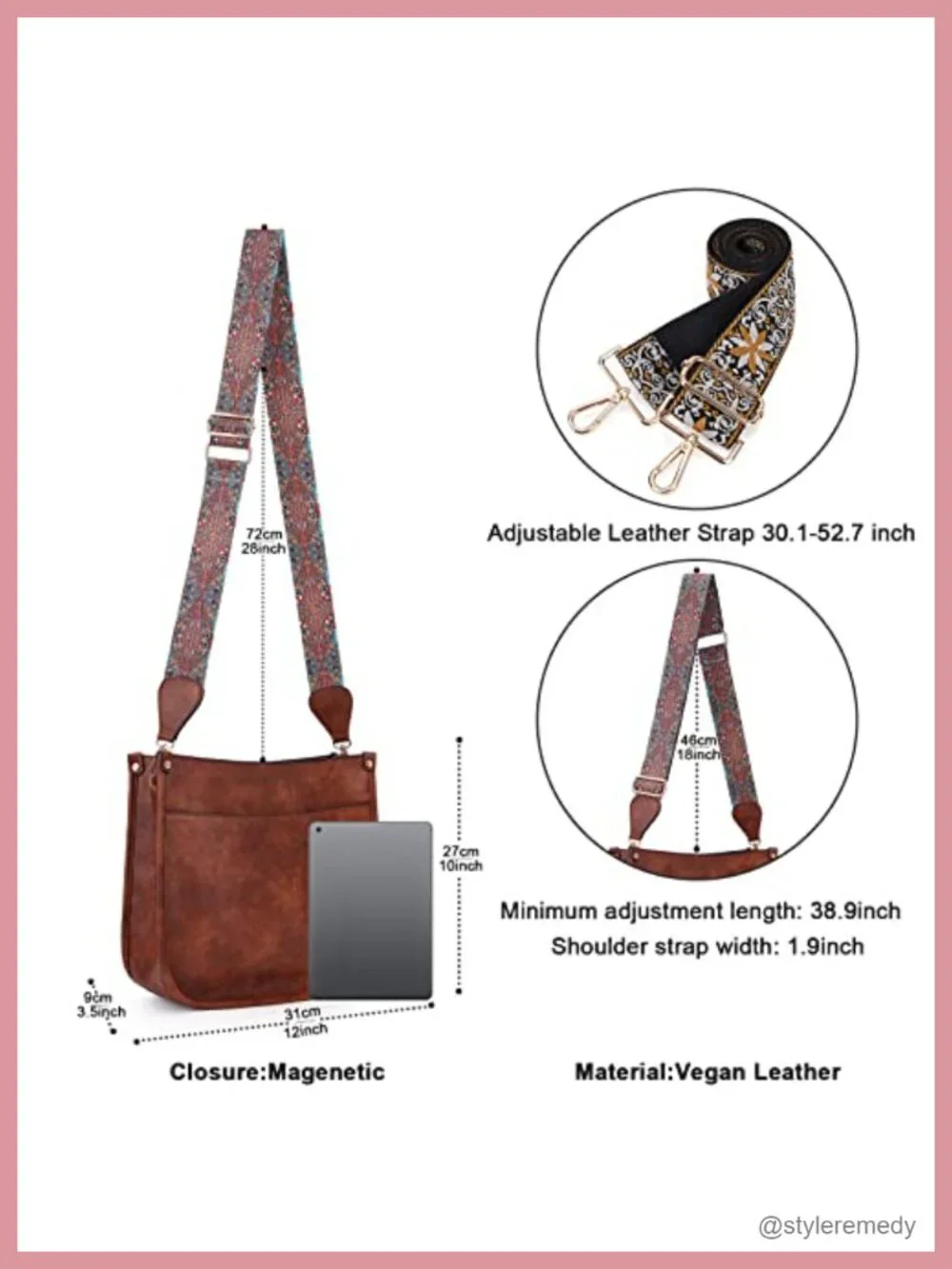 Trendy Vegan Leather Hobo Crossbody Bag with 2 Adjustable Straps